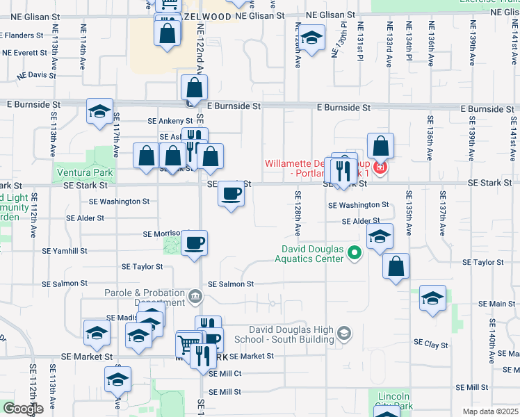 map of restaurants, bars, coffee shops, grocery stores, and more near 12640 Southeast Stark Street in Portland