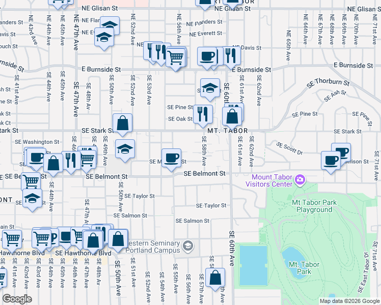 map of restaurants, bars, coffee shops, grocery stores, and more near 5625 Southeast Morrison Street in Portland
