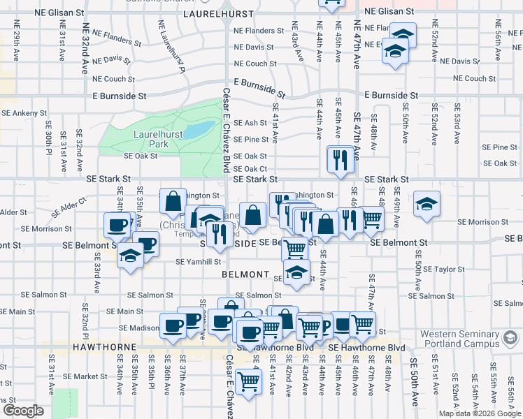 map of restaurants, bars, coffee shops, grocery stores, and more near 4103 Southeast Morrison Street in Portland
