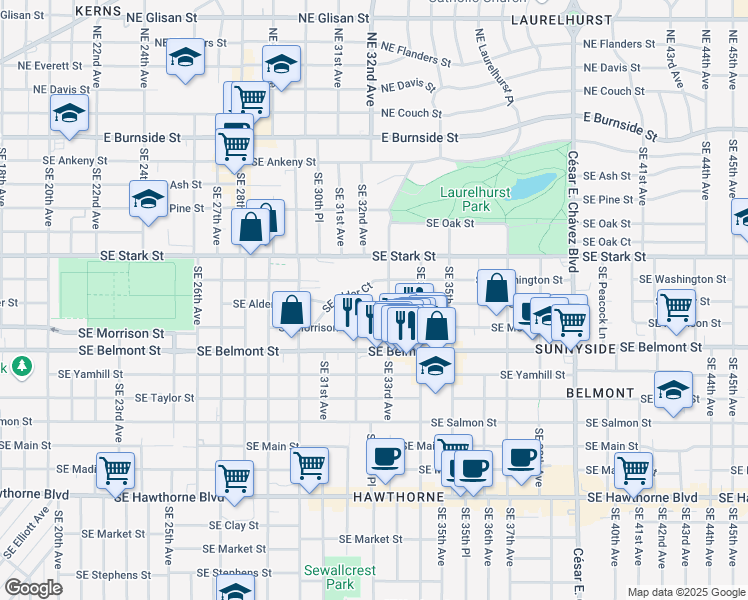 map of restaurants, bars, coffee shops, grocery stores, and more near 740 Southeast 33rd Avenue in Portland
