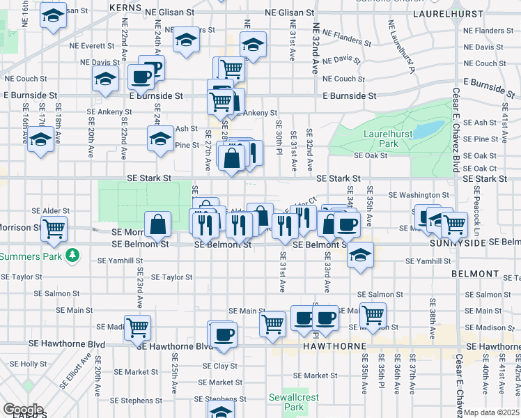 map of restaurants, bars, coffee shops, grocery stores, and more near 2921 Southeast Morrison Street in Portland