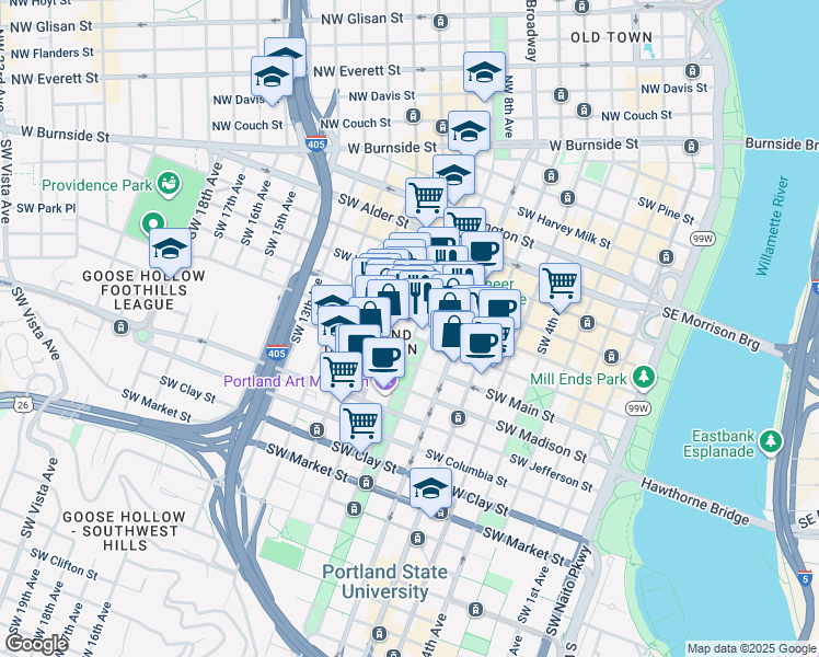 map of restaurants, bars, coffee shops, grocery stores, and more near in Portland