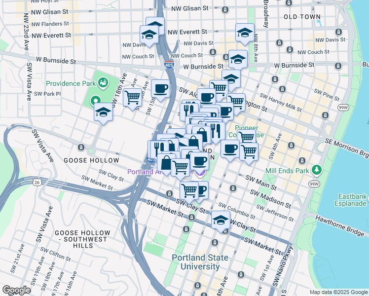 map of restaurants, bars, coffee shops, grocery stores, and more near in Portland