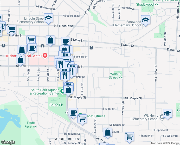 map of restaurants, bars, coffee shops, grocery stores, and more near 1224 Southeast Walnut Street in Hillsboro