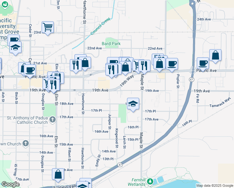 map of restaurants, bars, coffee shops, grocery stores, and more near 3005 18th Avenue in Forest Grove