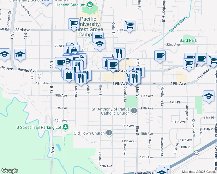 map of restaurants, bars, coffee shops, grocery stores, and more near 1803 Birch Street in Forest Grove
