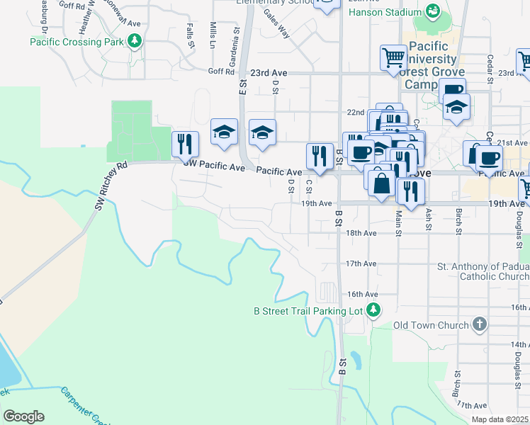 map of restaurants, bars, coffee shops, grocery stores, and more near 1581 18th Avenue in Forest Grove