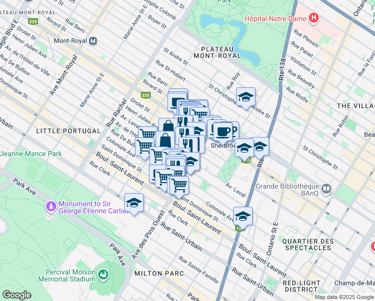 map of restaurants, bars, coffee shops, grocery stores, and more near 270 Rue Roy Est in Montréal