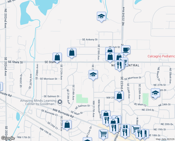 map of restaurants, bars, coffee shops, grocery stores, and more near 21540 Southeast Alder Street in Gresham