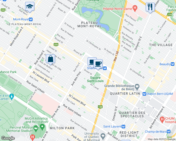 map of restaurants, bars, coffee shops, grocery stores, and more near 3695 Rue Drolet in Montréal