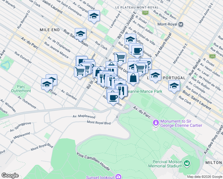 map of restaurants, bars, coffee shops, grocery stores, and more near 4651 Avenue du Parc in Montréal