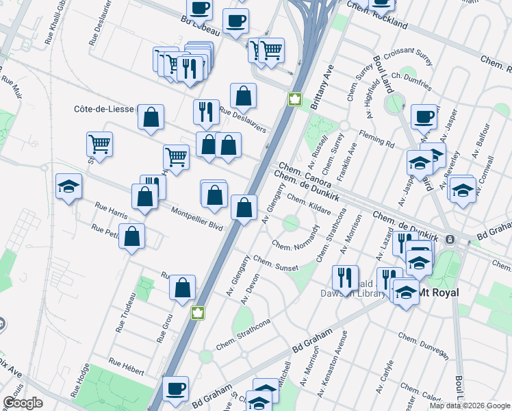map of restaurants, bars, coffee shops, grocery stores, and more near 2449 Chemin Athlone in Mont-Royal