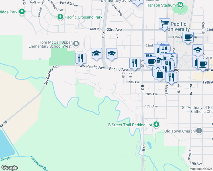 map of restaurants, bars, coffee shops, grocery stores, and more near 1540 19th Avenue in Forest Grove