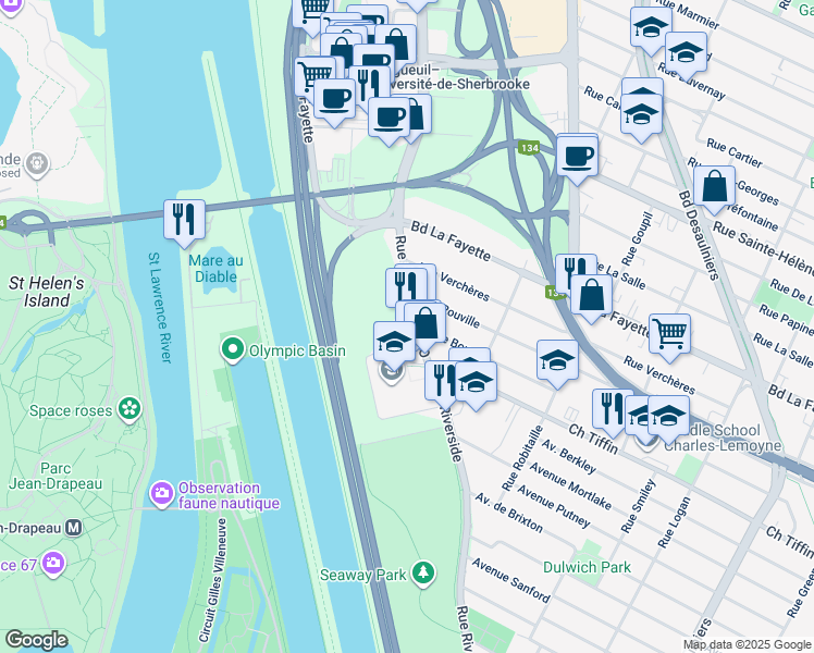 map of restaurants, bars, coffee shops, grocery stores, and more near 1435 Rue Saint-Charles Ouest in Longueuil
