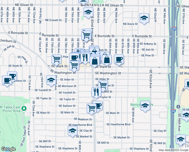 map of restaurants, bars, coffee shops, grocery stores, and more near 8226 Southeast Alder Street in Portland