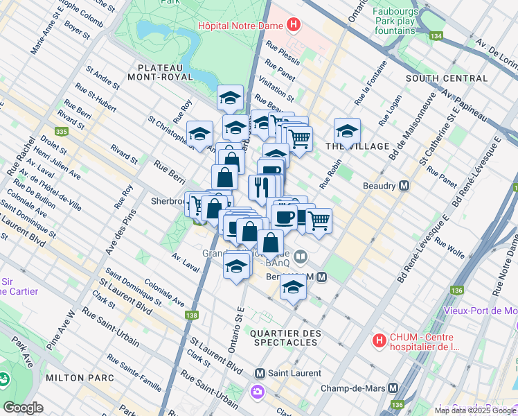 map of restaurants, bars, coffee shops, grocery stores, and more near 2024 Rue Saint-Hubert in Montréal