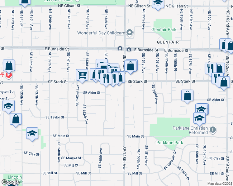map of restaurants, bars, coffee shops, grocery stores, and more near 597 Southeast 148th Avenue in Portland