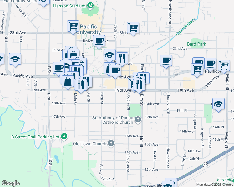 map of restaurants, bars, coffee shops, grocery stores, and more near 1831 Cedar Street in Forest Grove
