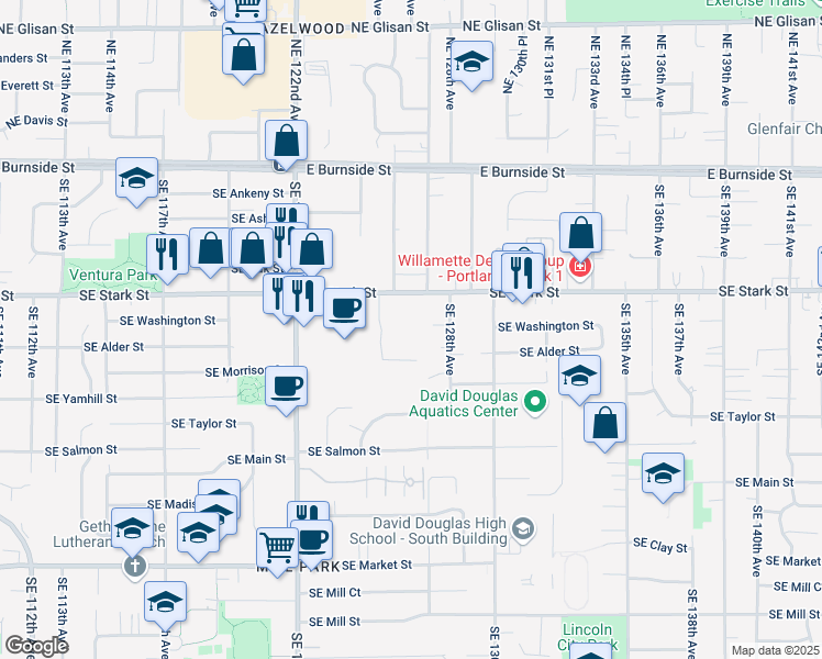 map of restaurants, bars, coffee shops, grocery stores, and more near 12640 Southeast Stark Street in Portland