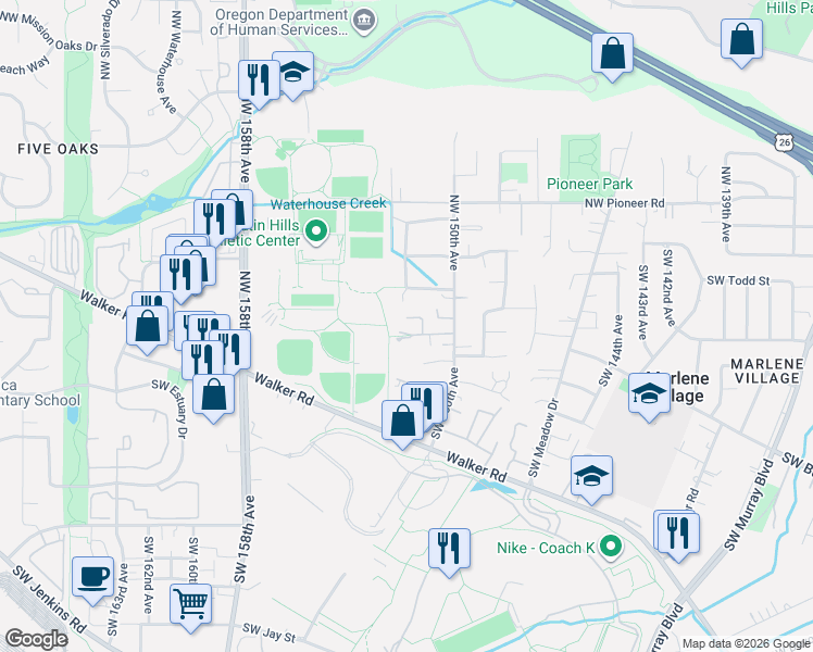 map of restaurants, bars, coffee shops, grocery stores, and more near 15145 Southwest Trenton Court in Beaverton