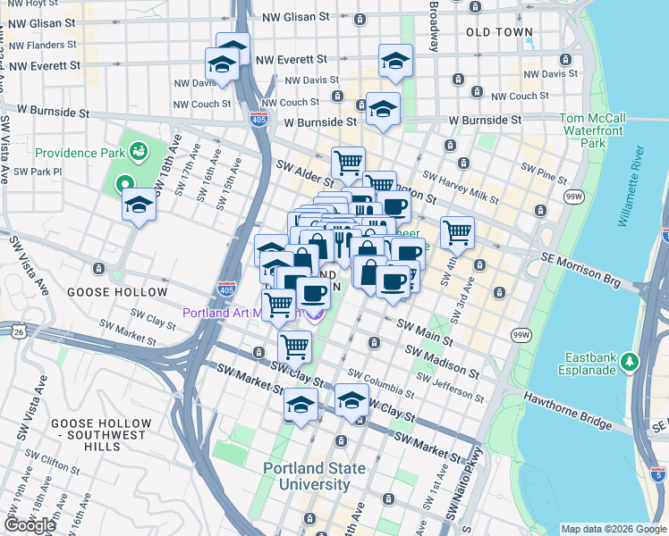 map of restaurants, bars, coffee shops, grocery stores, and more near 901 Southwest Salmon Street in Portland