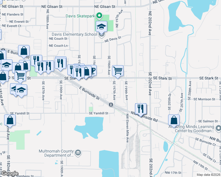 map of restaurants, bars, coffee shops, grocery stores, and more near 665 Southeast 197th Avenue in Portland