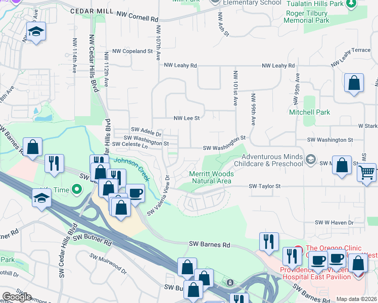 map of restaurants, bars, coffee shops, grocery stores, and more near 10410 Southwest Washington Street in Portland