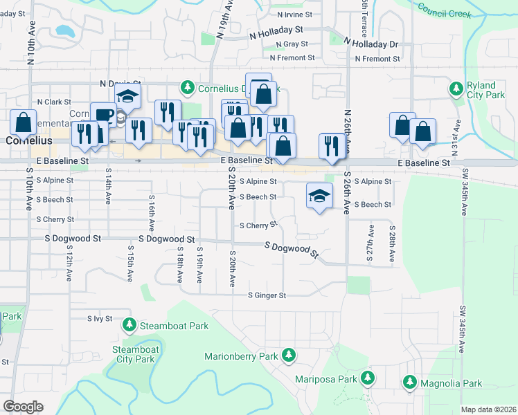 map of restaurants, bars, coffee shops, grocery stores, and more near 212 South 21st Avenue in Cornelius
