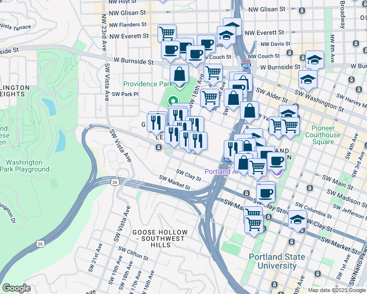 map of restaurants, bars, coffee shops, grocery stores, and more near 1628 Southwest Jefferson Street in Portland