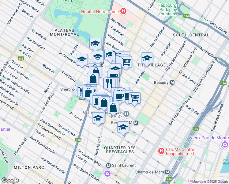 map of restaurants, bars, coffee shops, grocery stores, and more near in Montreal