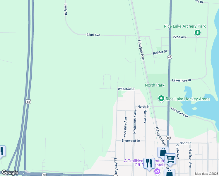 map of restaurants, bars, coffee shops, grocery stores, and more near 1005 Whitetail Street in Rice Lake