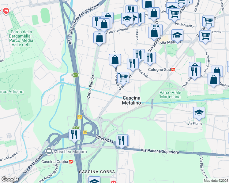 map of restaurants, bars, coffee shops, grocery stores, and more near 150 Via Milano in Cologno Monzese
