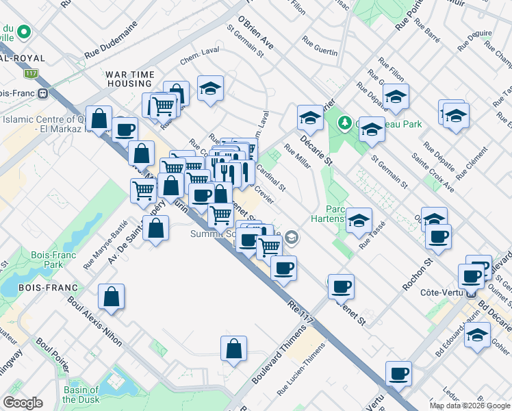 map of restaurants, bars, coffee shops, grocery stores, and more near 1685 Rue Grenet in Montréal