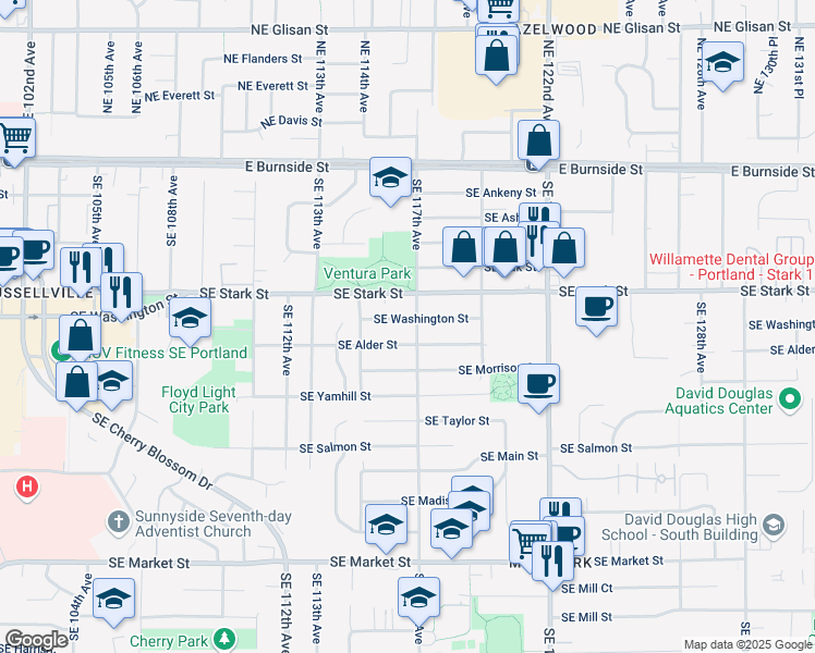 map of restaurants, bars, coffee shops, grocery stores, and more near 11550 Southeast Alder Street in Portland