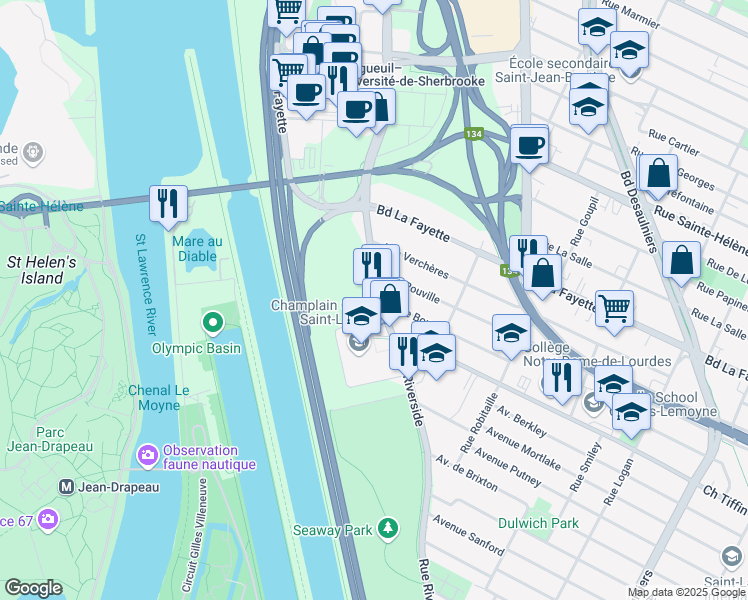 map of restaurants, bars, coffee shops, grocery stores, and more near 1435 Rue Saint-Charles Ouest in Longueuil