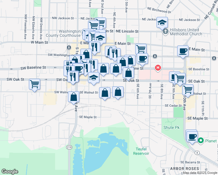 map of restaurants, bars, coffee shops, grocery stores, and more near 349 Southeast Walnut Street in Hillsboro