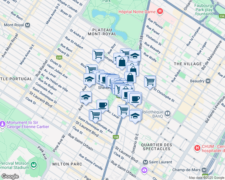 map of restaurants, bars, coffee shops, grocery stores, and more near in Montreal