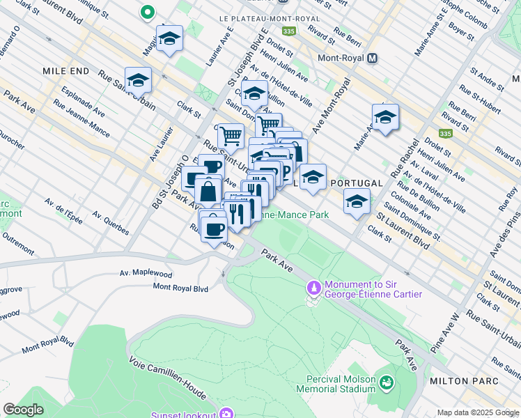 map of restaurants, bars, coffee shops, grocery stores, and more near in Montreal