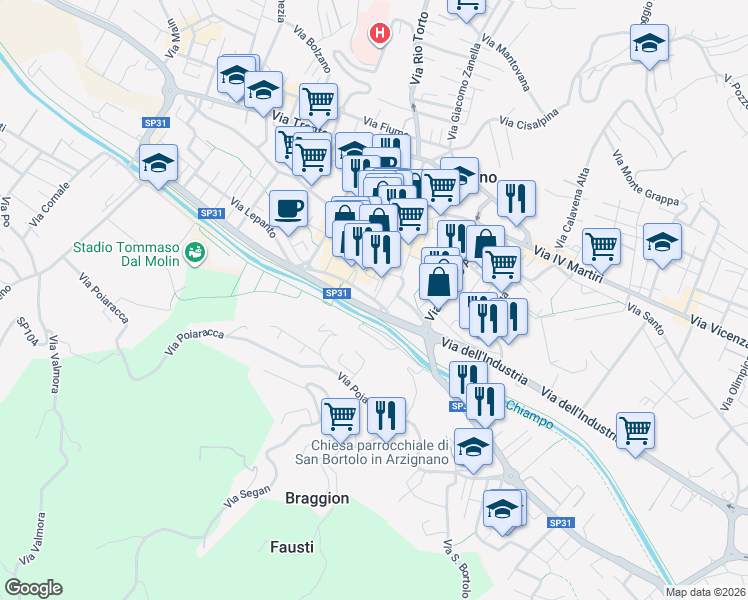 map of restaurants, bars, coffee shops, grocery stores, and more near Largo Stazione in Arzignano