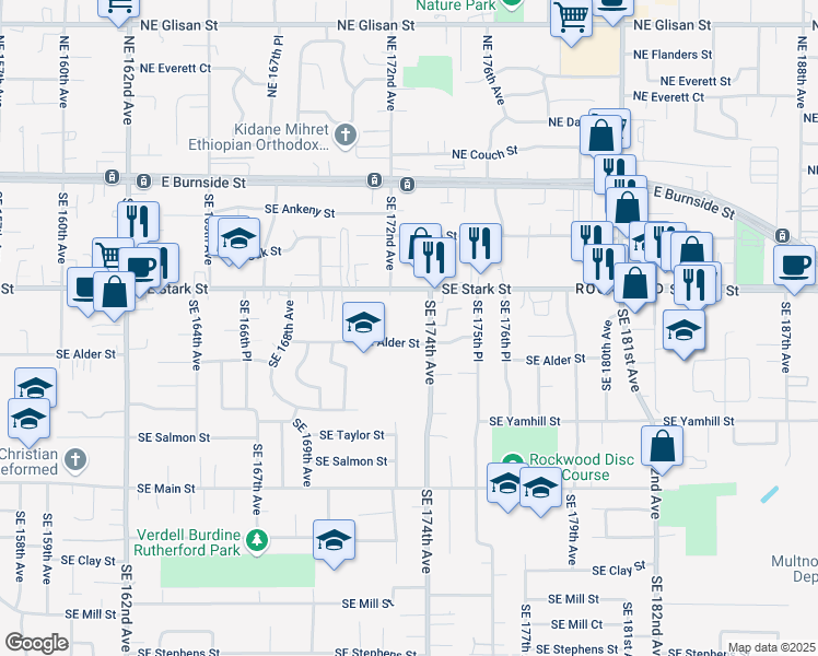 map of restaurants, bars, coffee shops, grocery stores, and more near 17225 Southeast Alder Street in Portland