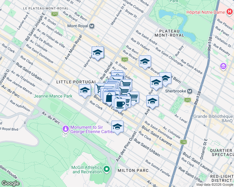 map of restaurants, bars, coffee shops, grocery stores, and more near 120 Avenue Duluth Est in Montreal