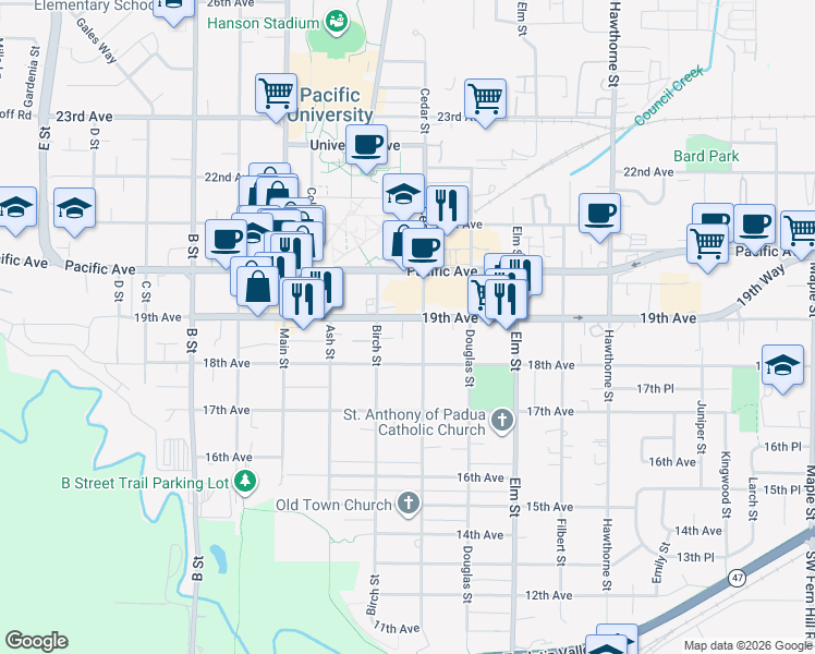 map of restaurants, bars, coffee shops, grocery stores, and more near 1803 Birch Street in Forest Grove