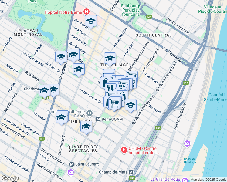 map of restaurants, bars, coffee shops, grocery stores, and more near 1001 Boulevard de Maisonneuve Est in Montréal