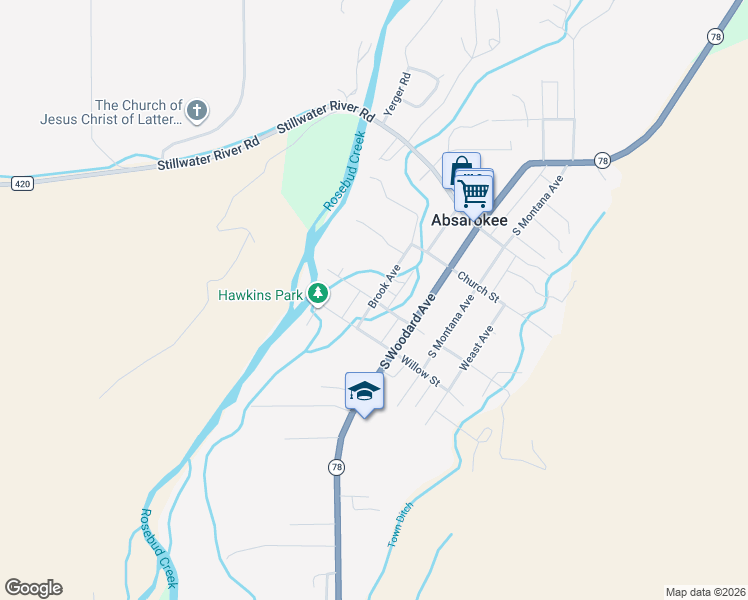 map of restaurants, bars, coffee shops, grocery stores, and more near 201 Brook Avenue in Absarokee