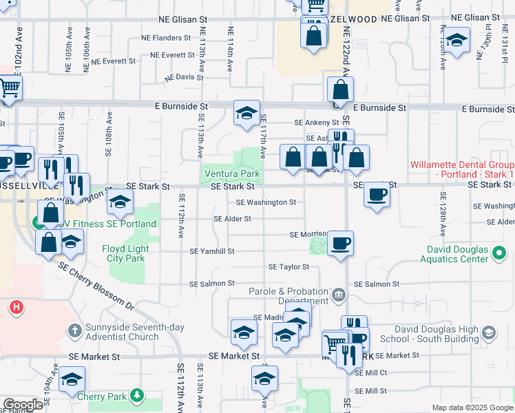 map of restaurants, bars, coffee shops, grocery stores, and more near 11550 Southeast Alder Street in Portland
