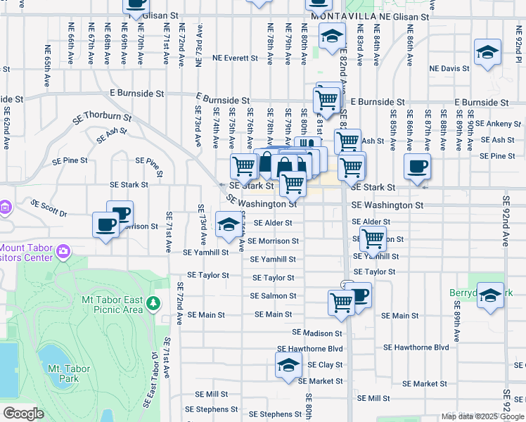 map of restaurants, bars, coffee shops, grocery stores, and more near 7634 Southeast Alder Street in Portland