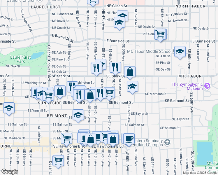 map of restaurants, bars, coffee shops, grocery stores, and more near 718 Southeast 47th Avenue in Portland