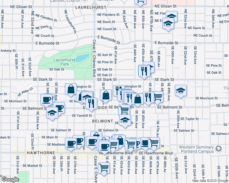 map of restaurants, bars, coffee shops, grocery stores, and more near 4103 Southeast Morrison Street in Portland