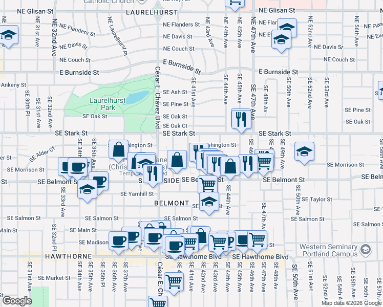 map of restaurants, bars, coffee shops, grocery stores, and more near 4103 Southeast Morrison Street in Portland