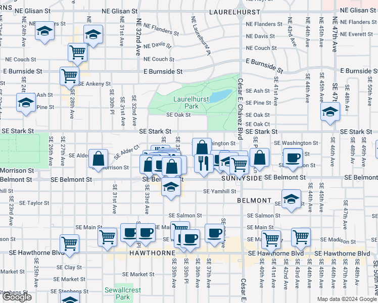 map of restaurants, bars, coffee shops, grocery stores, and more near 3519 Southeast Morrison Street in Portland